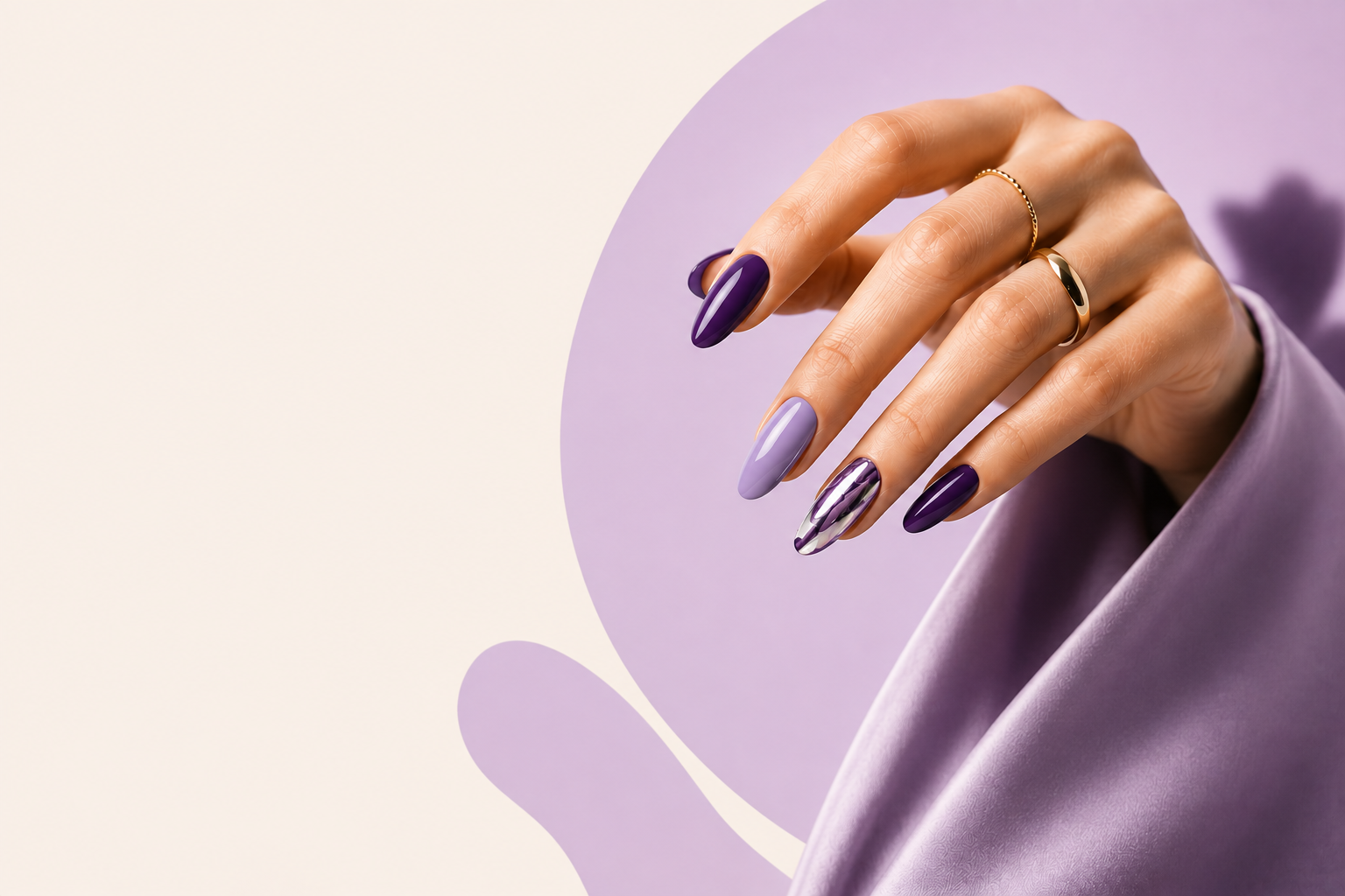 Editorial NailGLOSSè manicure featuring violet, lavender and chrome nail artistry